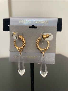 Gold Twisted Hoop Earrings with Clear Crystal Teardrops